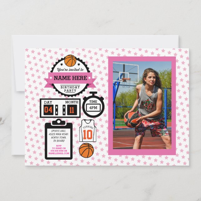 Invitation Basket-ball Photo Anniversaire Pink Sport Party Fi (Devant)