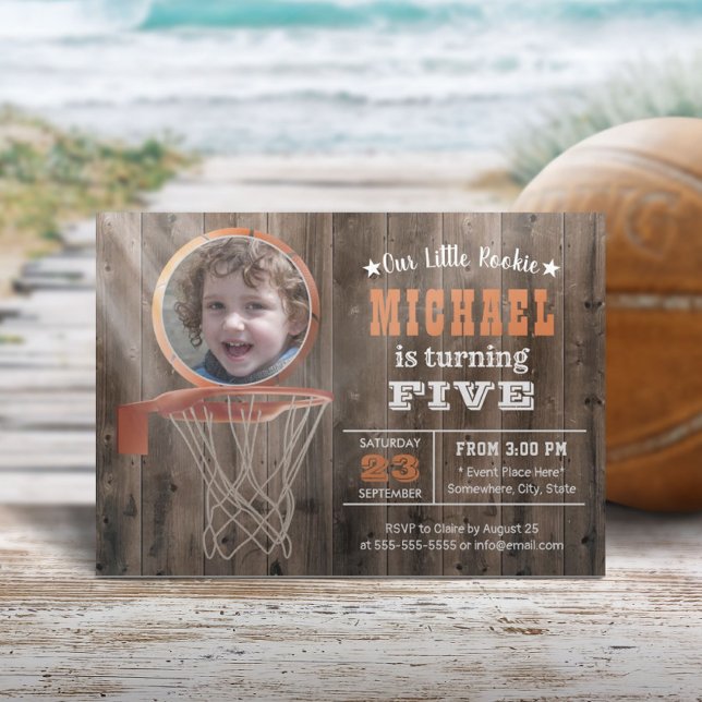Invitation Basket-ball Sports Rustique Bois photo Anniversair (Créateur téléchargé)