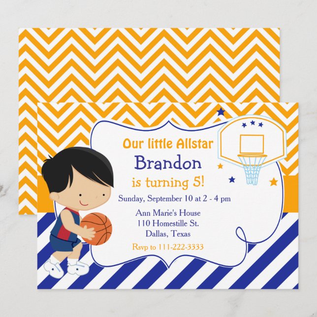Invitation Basketball mignonne Black Cheveux garçon fête d'an (Devant / Derrière)