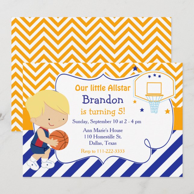 Invitation Basketball mignonne Blonde Boy Anniversaire (Devant / Derrière)