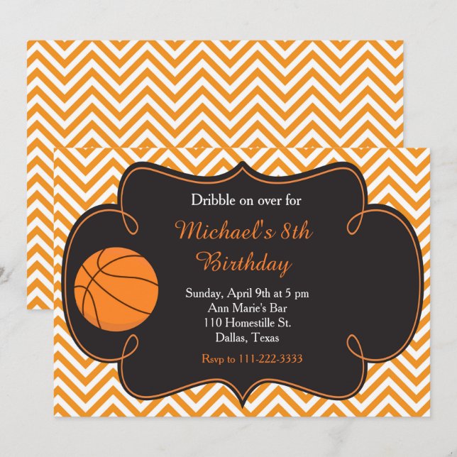 Invitation Basketball Sports Orange Anniversaire (Devant / Derrière)