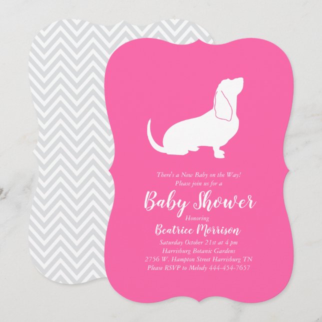 Invitation Basset Hound Chien Baby shower fille rose (Devant / Derrière)