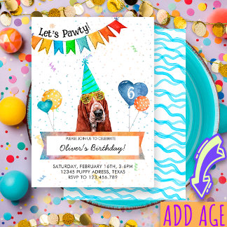 Invitation Basset Hound laisse Pawty Dog fête d'anniversaire