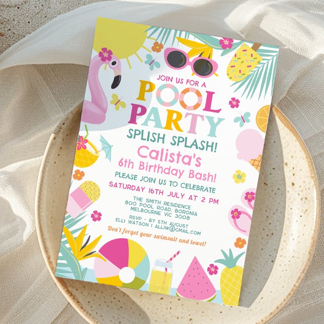 Invitation Bassin de la fête de la piscine à éclaboussures co (Girls Colorful Pool Party Birthday Invitation Splish Splash Birthday Bash Summer Pool Party Invite)
