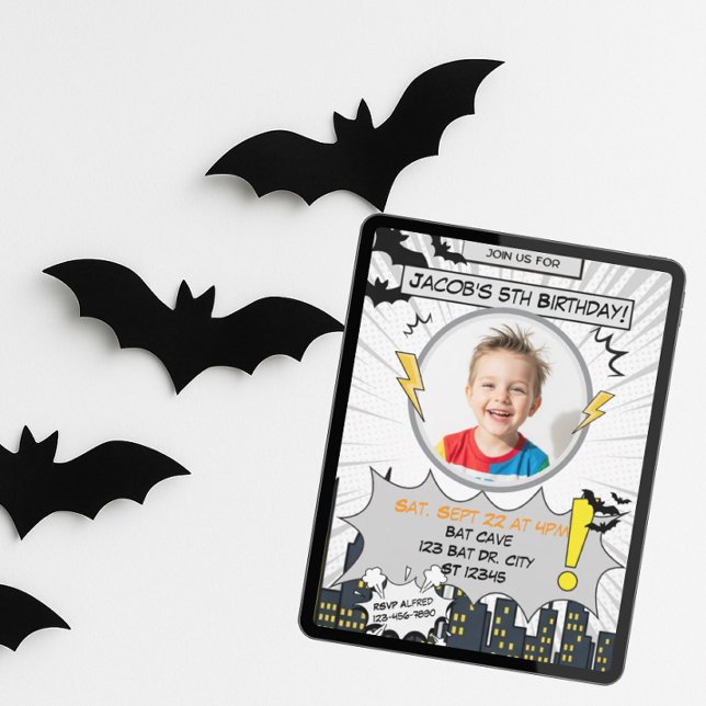 Invitation Bat Black et Grey Comic Anniversaire (Créateur téléchargé)