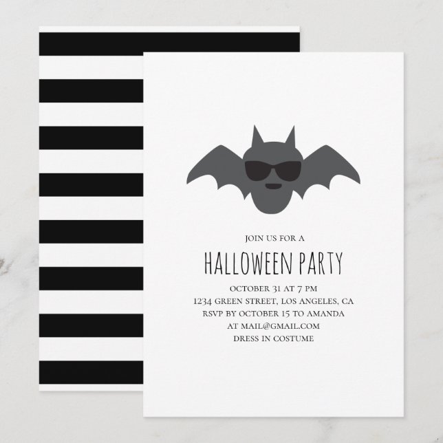 Invitation Bat. Costume d'Halloween noir et blanc (Devant / Derrière)