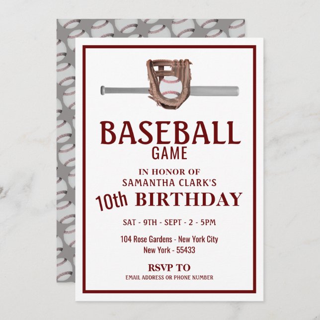 Invitation Bat De Baseball Argent, Jeu De Baseball Anniversai (Devant / Derrière)