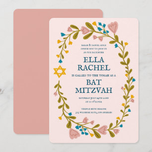 Invitation Bat mitzvah à couronne florale sur mesure dessiné 