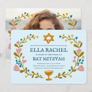 Invitation Bat mitzvah à couronne florale sur mesure dessiné