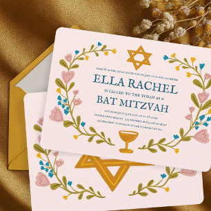 Invitation Bat mitzvah à couronne florale sur mesure dessiné
