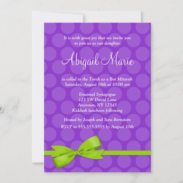 Invitation Bat mitzvah à mâchoire vert violet à point imprimé (Devant)