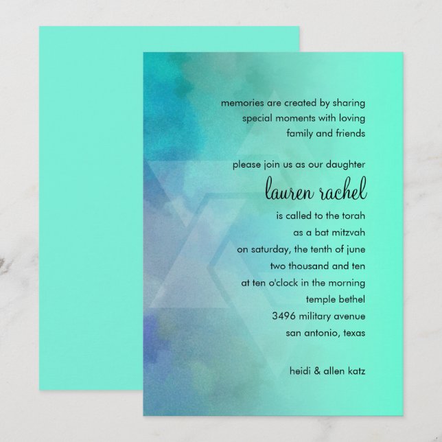 Invitation Bat mitzvah Aqua et étoile bleue de David (Devant / Derrière)