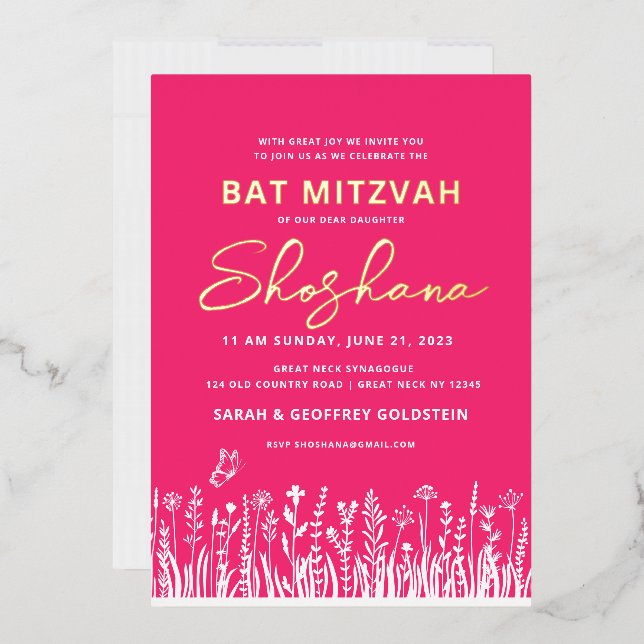 Invitation bat mitzvah aquarelle avec OR RÉEL (Enveloppe)