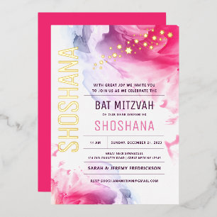 Invitation bat mitzvah aquarelle avec OR RÉEL  
