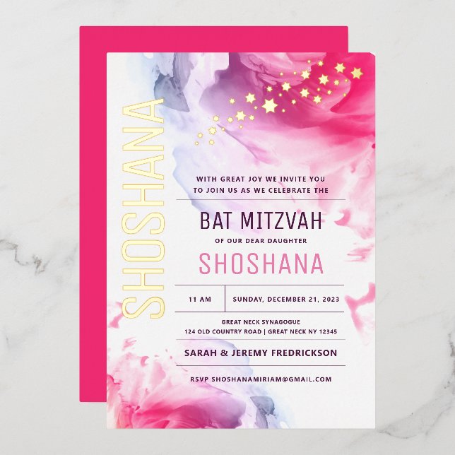 Invitation bat mitzvah aquarelle avec OR RÉEL (Recto/Verso)