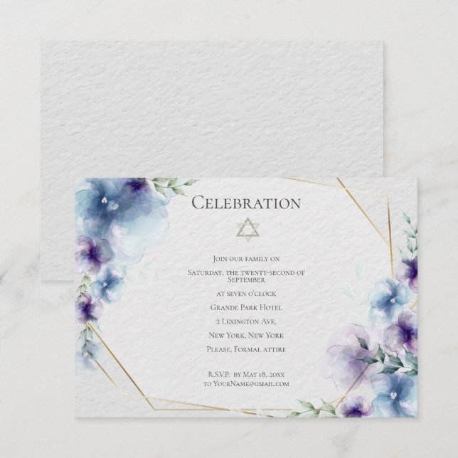 Invitation BAT MITZVAH | Aquarelle bleu et violet Floral (Devant / Derrière)