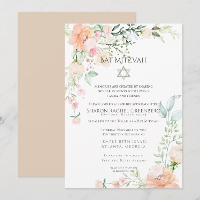 Invitation BAT MITZVAH | Aquarelle Flore ressort Verset 3 (Devant / Derrière)