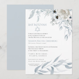 Invitation Bat mitzvah Aquarelle moderne bleu-duché Floral