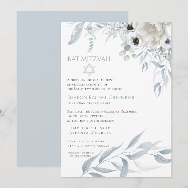 Invitation Bat mitzvah Aquarelle moderne bleu-duché Floral (Devant / Derrière)
