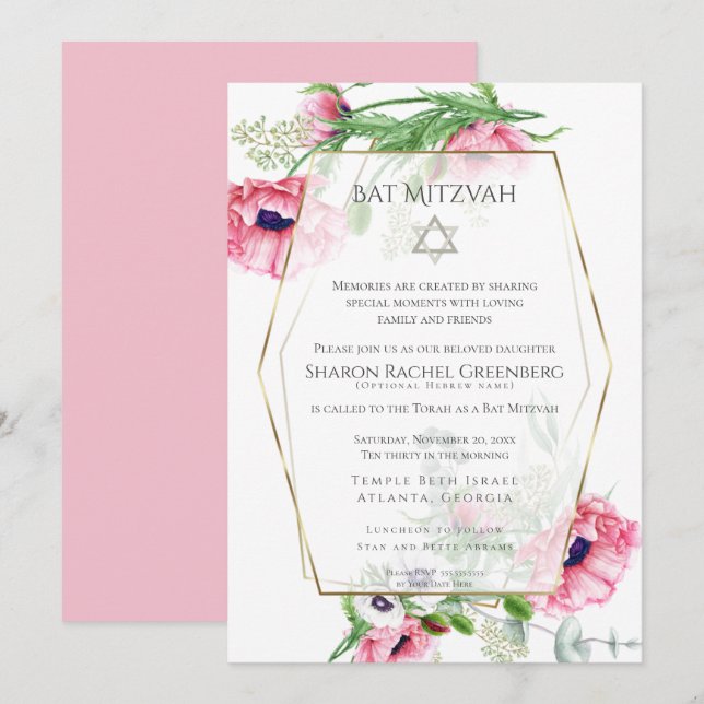 Invitation Bat mitzvah | Aquarelle Pink Poppies Verse 3 (Devant / Derrière)