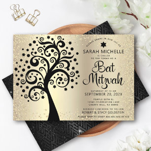 Invitation Bat Mitzvah Arbre de Vie Noir Écriture Gold Foil 