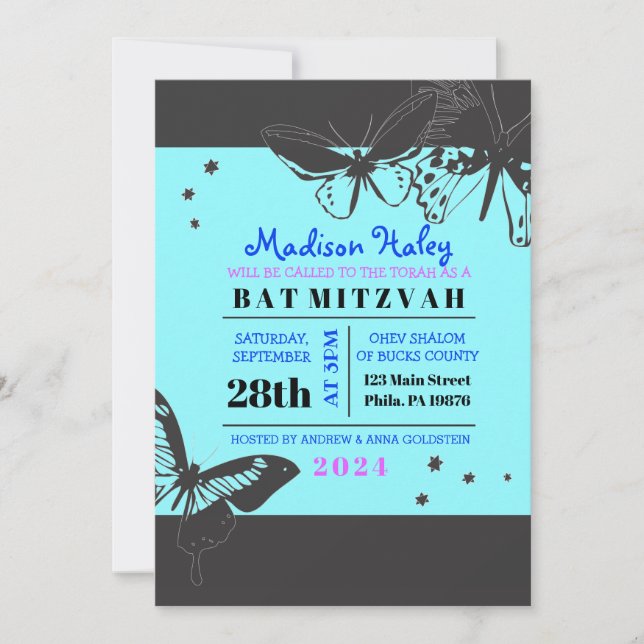 Invitation Bat mitzvah BLACK & BLEU BUTTERFLY (Devant)