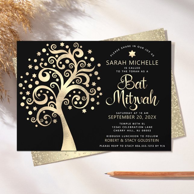 Invitation Bat mitzvah Black Gold Foil Arbre de vie Script (Créateur téléchargé)