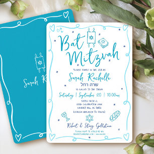 Invitation Bat Mitzvah Bleu Amusant Doodle Dessiné à la Main