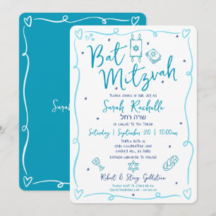 Invitation Bat Mitzvah Bleu Amusant Doodle Dessiné à la Main