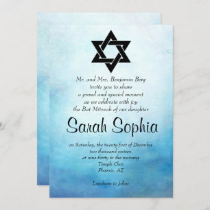 Invitation Bat mitzvah bleu, aquarelle, Turquoise