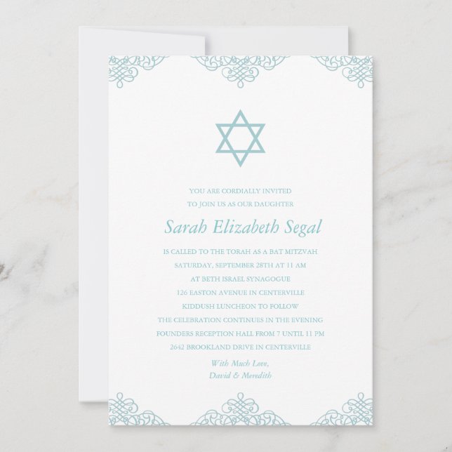 Invitation Bat mitzvah bleu élégant (Devant)