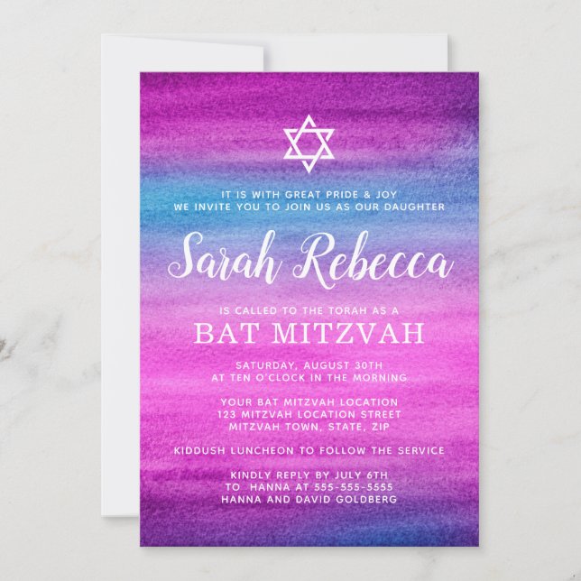 Invitation Bat mitzvah bleu et pourpre d'aquarelle (Devant)
