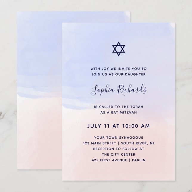 Invitation Bat mitzvah bleu et rose en pastel de l'aquarelle (Devant / Derrière)