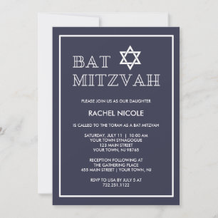 Invitation Bat mitzvah bleu foncé et blanc simple et moderne