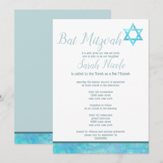 Invitation Bat mitzvah Bleu Opal Aquarelle Chic Élégant (Devant / Derrière)