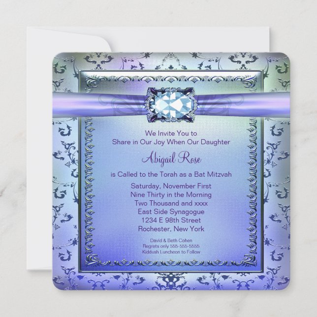 Invitation Bat mitzvah bleu pourpre et Turquoise (Devant)