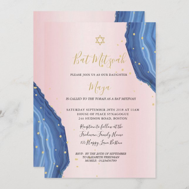 Invitation Bat mitzvah bleu rose or juif (Devant / Derrière)