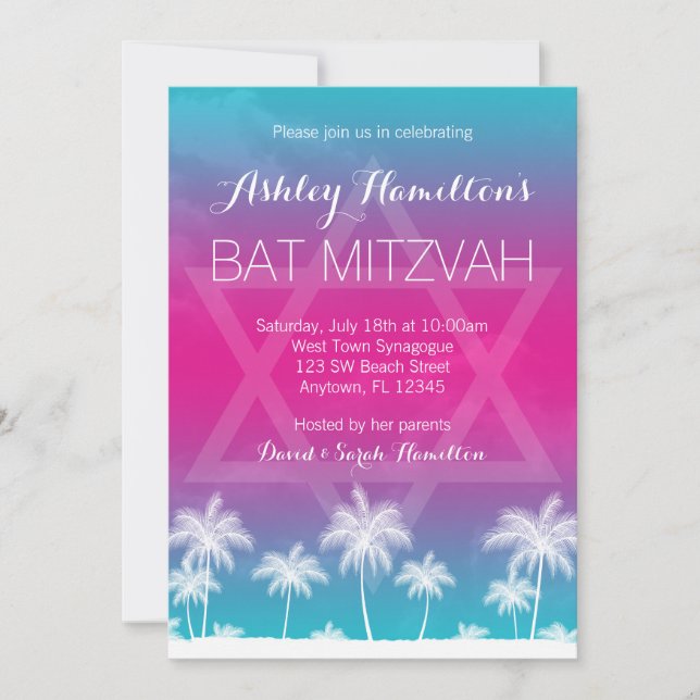 Invitation Bat mitzvah bleu Turquoise tropical (Devant)