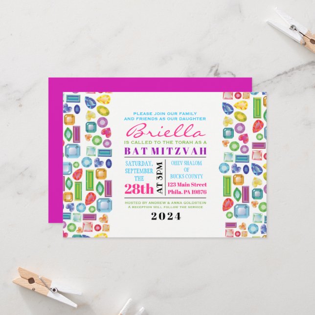 Invitation Bat mitzvah BLING Gemstone (Devant/Arrière en situation)