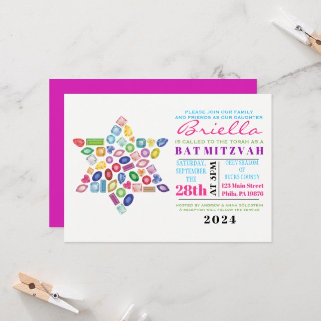 Invitation Bat mitzvah BLING Gemstone (Devant/Arrière en situation)