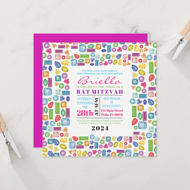 Invitation Bat mitzvah BLING Gemstone (Devant/Arrière en situation)