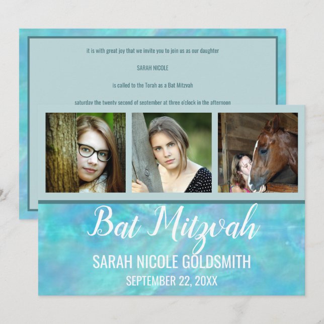 Invitation Bat mitzvah Blue Opal Aquarelle Photo Collage (Devant / Derrière)