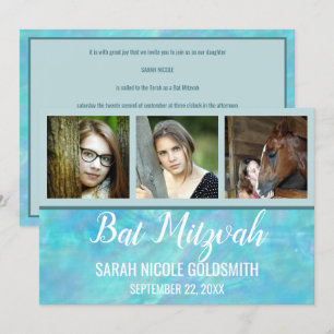 Invitation Bat mitzvah Blue Opal Aquarelle Photo Collage