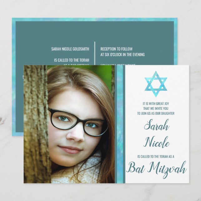 Invitation Bat mitzvah Blue Opal Photo moderne Chic Design (Devant / Derrière)
