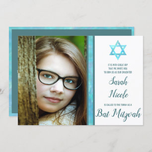 Invitation Bat mitzvah Blue Opal Photo moderne Chic Design