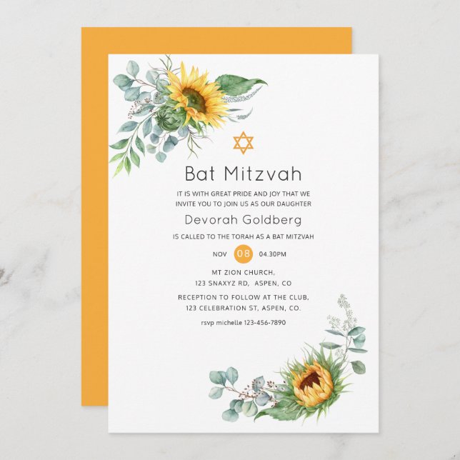 Invitation Bat mitzvah Boho Sunflower Eucalyptus (Devant / Derrière)