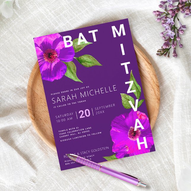 Invitation Bat mitzvah Bold Moderne Purple Floral Aquarelle (Créateur téléchargé)
