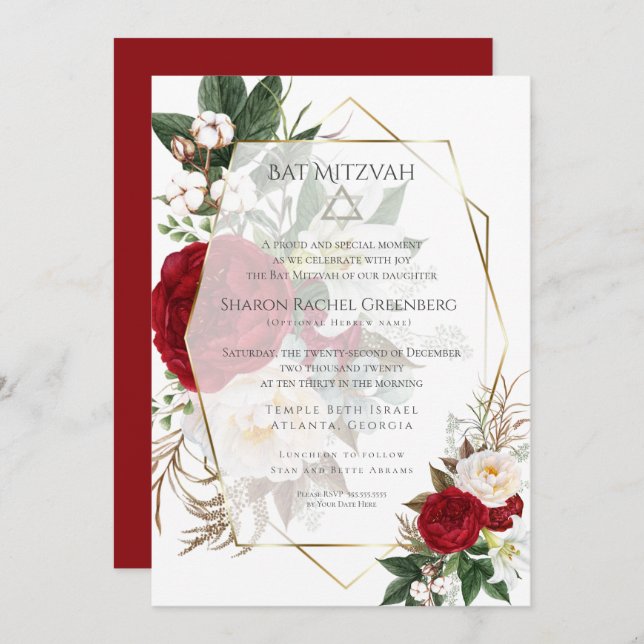 Invitation BAT MITZVAH | Bourgogne Peony Verse 2 (Devant / Derrière)