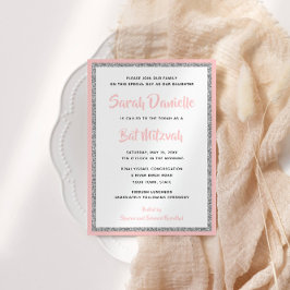Invitation Bat mitzvah brillant rose et argenté rectangle