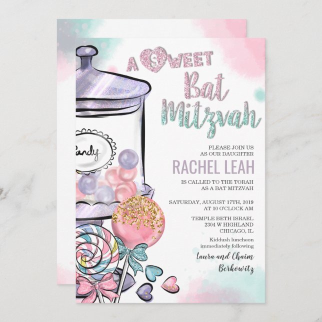 Invitation Bat mitzvah Candyland (Devant / Derrière)